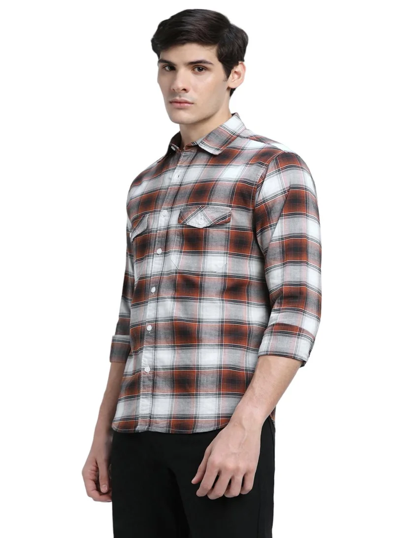 دينيس لينغو Men's Rust 100% Cotton Checkered Slim FiT-Shirt
