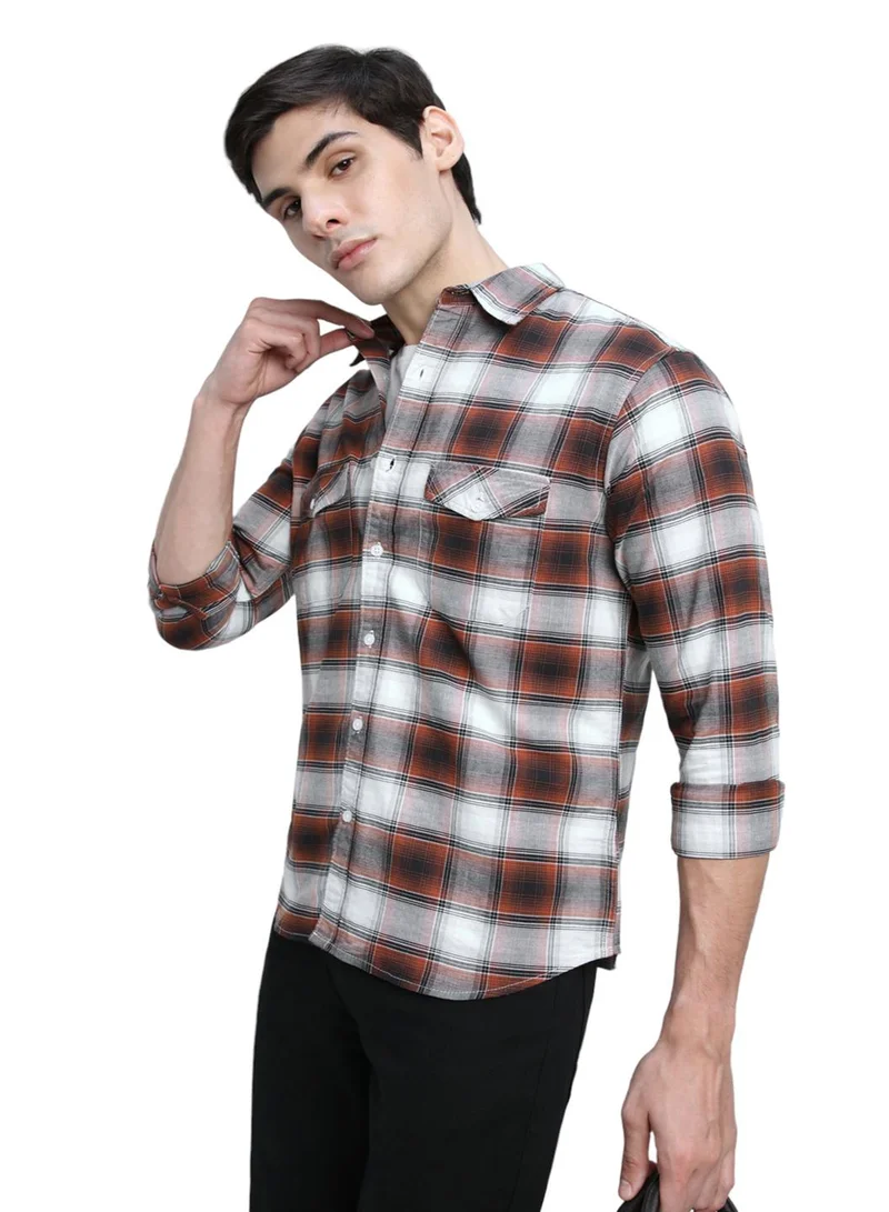 دينيس لينغو Men's Rust 100% Cotton Checkered Slim FiT-Shirt