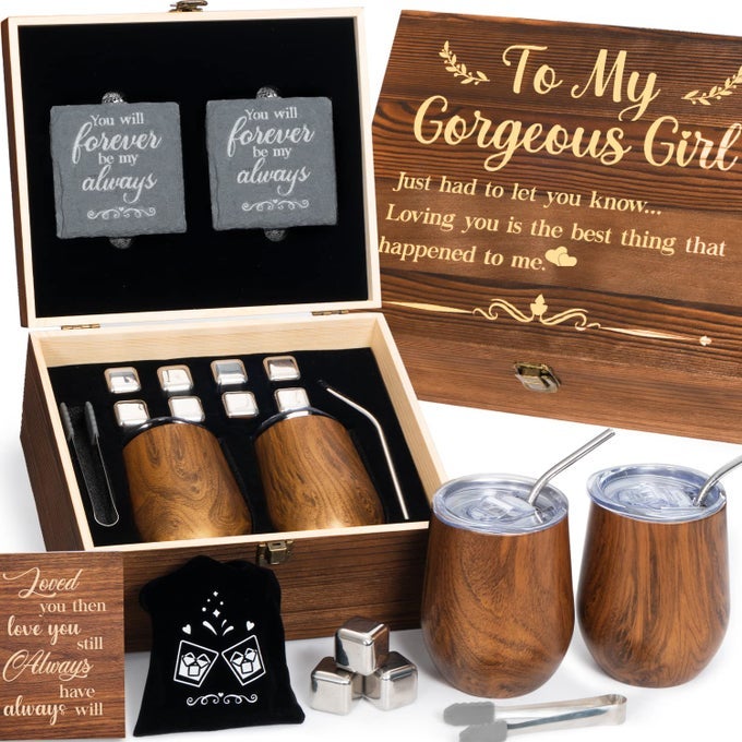 ANNIVERSARY FOR HER GIRLFRIEND WIFE GIFT ROMANTIC BIRTHDAY 5 YEAR 5TH 1 YEAR FIRST ANNIVERSARY WOOD GIFTS WOODEN CUTE WINE TUMBLER SET ENGRAVED TO MY GORGEOUS GIRL