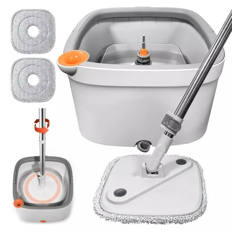 BLURISM Stainless Steel Mop Bucket Set Household Spin Mop and Bucket with 2 Mop Pads Set Household Rotating Floor Mop HandsFree Wash Mop Dust Removal Mop Dry and Wet Use - Image 1