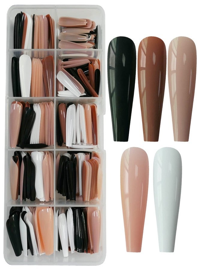 LuckForever 500pc Coffin Press on Nails Long Ballerina Fake Nails Mix Glossy Colored Artificial False Fingernails with Case for Women Teen Girls (Black White Nude) - Image 1