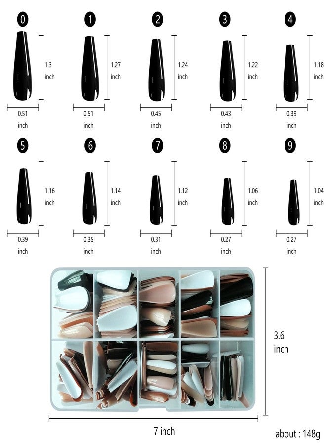 LuckForever 500pc Coffin Press on Nails Long Ballerina Fake Nails Mix Glossy Colored Artificial False Fingernails with Case for Women Teen Girls (Black White Nude) - Image 2