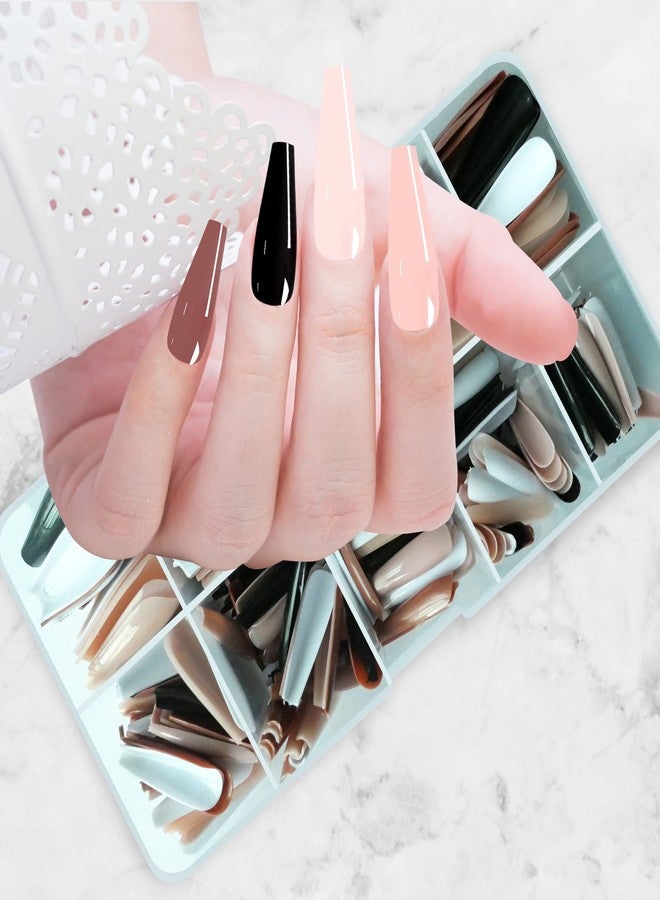 LuckForever 500pc Coffin Press on Nails Long Ballerina Fake Nails Mix Glossy Colored Artificial False Fingernails with Case for Women Teen Girls (Black White Nude) - Image 4