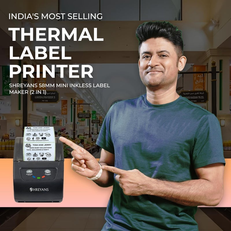 SHREYANS 58mm Mini Inkless Label Maker (2 in 1) - Thermal Barcode Labels & Receipt Printer (50x25 Label Combo) Free 500 Labels | Easy to Connect with Any Mobile Phone via Bluetooth (Android or iOS) - Image 5