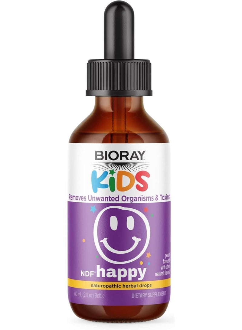 BIORAY Kids NDF Happy, Peach - 2 fl oz - Removes Unwanted Organisms That Can Trigger Irritability, Anxiety Relief - 1-2 Month Supply