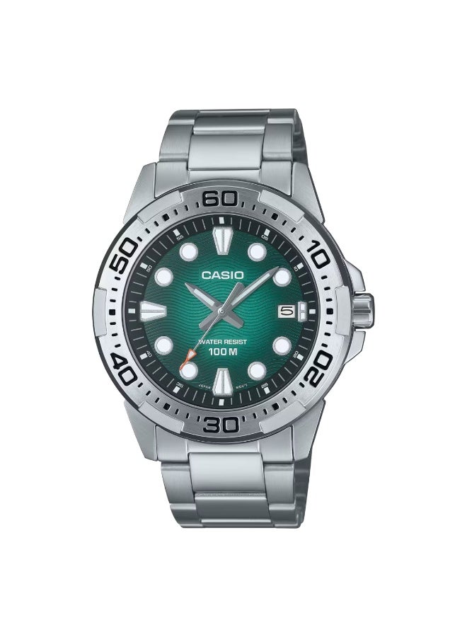 ساعة كاسيو كواتز MTD-140D-3AV للرجال، قرص أخضر 43.7 مم من الفولاذ المقاوم للصدأ 100 متر مقاومة للماء