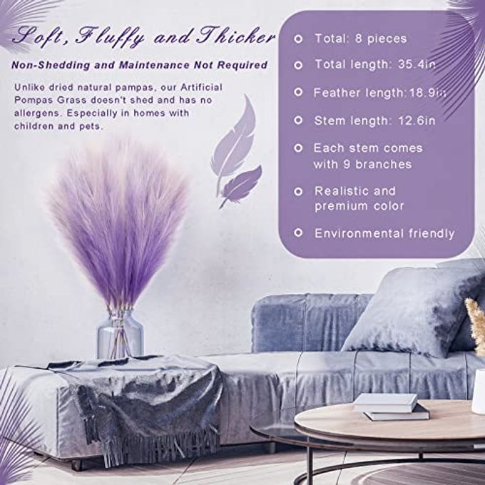 KALYLOC 8Pcs 3FT Purple Colorful Faux Pampas Grass, KALYLOC Fake Artificial Pampass Grass Decor, Filler Tall Pampas Grass Reed Fluffy Stems Plant for Home Boho Living Room Wedding Decoration - Image 3