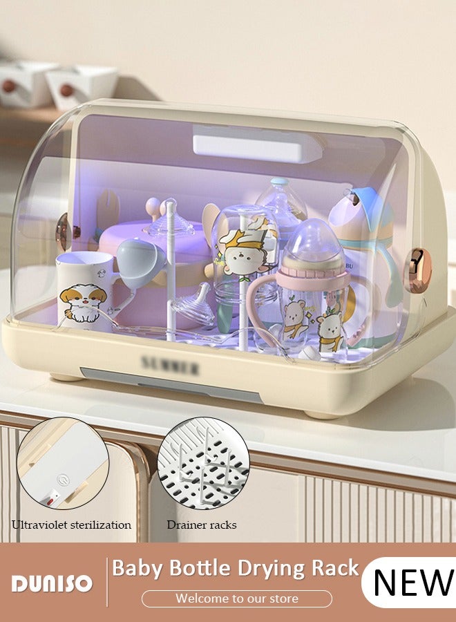 DUNISO رف تجفيف زجاجات الأطفال، تخزين عمودي لزجاجات الأطفال مع غطاء مضاد للغبار وقاعدة قابلة للفك، رف تجفيف أدوات المائدة مع لوح تصريف قابل للسحب، منظم خزانة مطبخ محمول مع حامل، صندوق تخزين أكواب مع مصباح تعقيم بالأشعة فوق البنفسجية للاستخدام المنزلي - Image 1