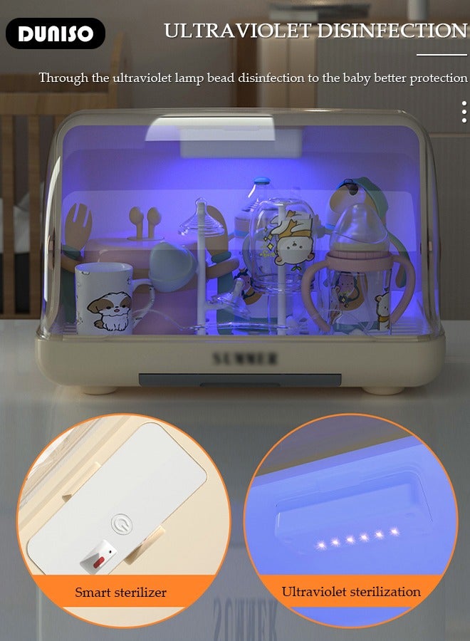 DUNISO رف تجفيف زجاجات الأطفال، تخزين عمودي لزجاجات الأطفال مع غطاء مضاد للغبار وقاعدة قابلة للفك، رف تجفيف أدوات المائدة مع لوح تصريف قابل للسحب، منظم خزانة مطبخ محمول مع حامل، صندوق تخزين أكواب مع مصباح تعقيم بالأشعة فوق البنفسجية للاستخدام المنزلي - Image 2