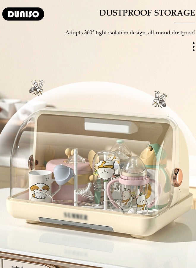 DUNISO رف تجفيف زجاجات الأطفال، تخزين عمودي لزجاجات الأطفال مع غطاء مضاد للغبار وقاعدة قابلة للفك، رف تجفيف أدوات المائدة مع لوح تصريف قابل للسحب، منظم خزانة مطبخ محمول مع حامل، صندوق تخزين أكواب مع مصباح تعقيم بالأشعة فوق البنفسجية للاستخدام المنزلي - Image 3
