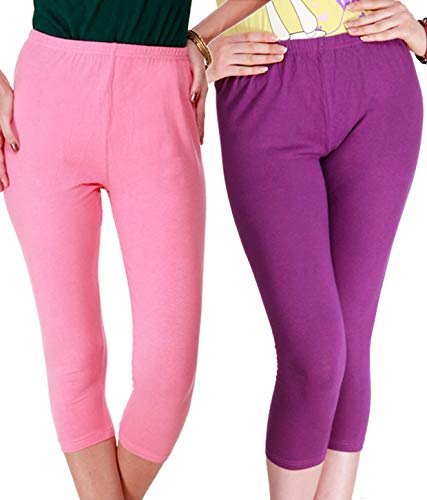 FEELBLUE Premium Cotton Strachable Women's Casual/Gym/Sports 3/4th Capri,Combo Pack,Free Size Pink-Purple - Image 1