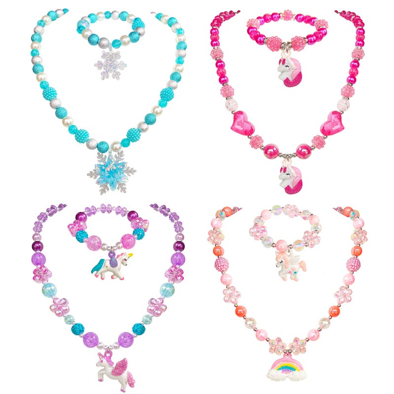 ELEMIRSA 4 Sets Baby Girl Unicorn Necklace Bracelet Set Dress up Princess Pretend Play Necklace Bracelet Jewelry Gift for Toddlers Kids Jewelly Set in Gift Box - Image 2