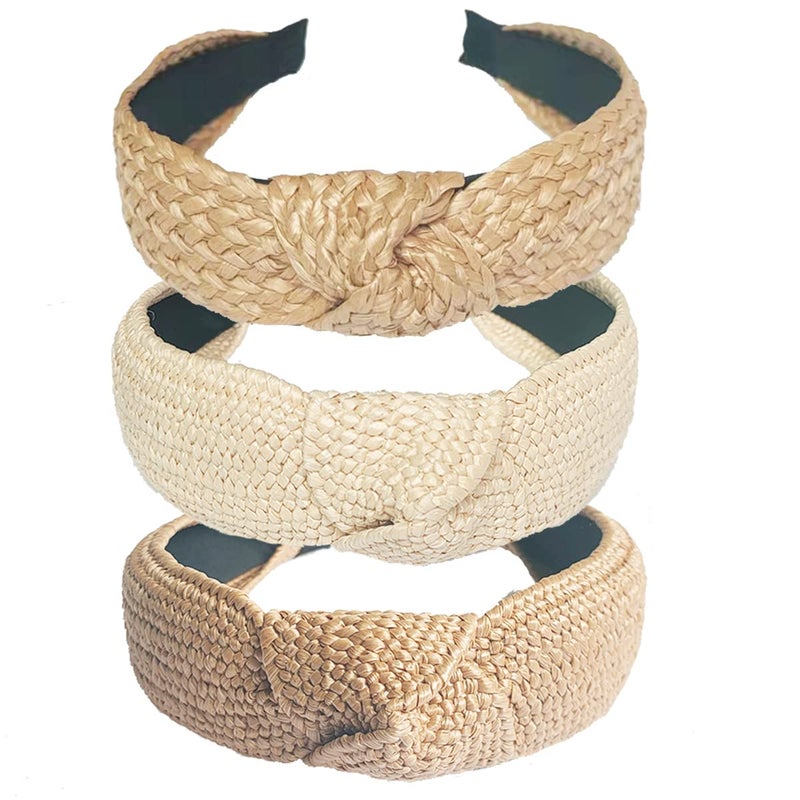 3 pack Straw Headbands Fashion Rattan Wide Head Band Boho Headband Summer Bohemian Woven Hair Head Bands Hair Band for Woman Girl Hair Accessories