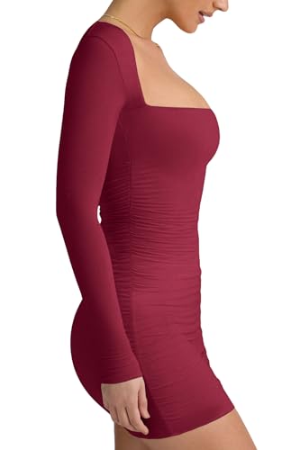 LCNBA Women's Long Sleeve Square Neck Ruched Bodycon Mini Dress WineRed Small - Image 2