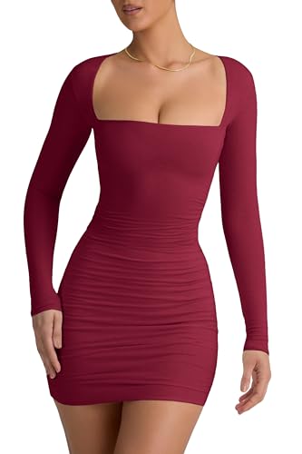 LCNBA Women's Long Sleeve Square Neck Ruched Bodycon Mini Dress WineRed Small - Image 4