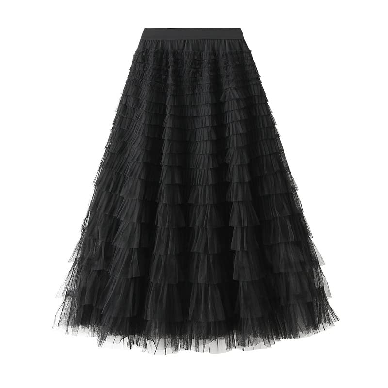 Gratoryna Womens Long Maxi Tulle Skirt A Line Ruffle Mesh High Waisted Tiered Layered Skirts Petticoat(Black-M) - Image 3