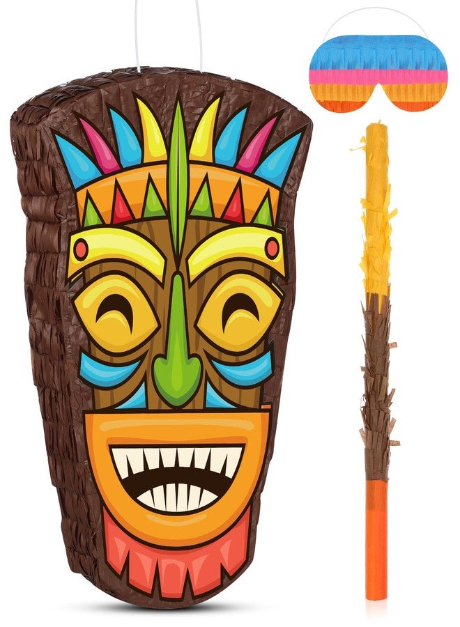 Threan Small Tiki Tropical Hawaii Piñata with Blindfold Bat Aloha Luau Piñata for Hawaiian Luau Themed Party Decoration Summer Birthday Party Supplies, 15.7 x 3.1 x 12.2 Inch - Image 1