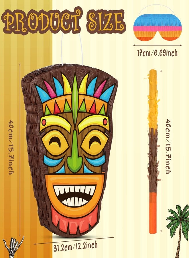 Threan Small Tiki Tropical Hawaii Piñata with Blindfold Bat Aloha Luau Piñata for Hawaiian Luau Themed Party Decoration Summer Birthday Party Supplies, 15.7 x 3.1 x 12.2 Inch - Image 2
