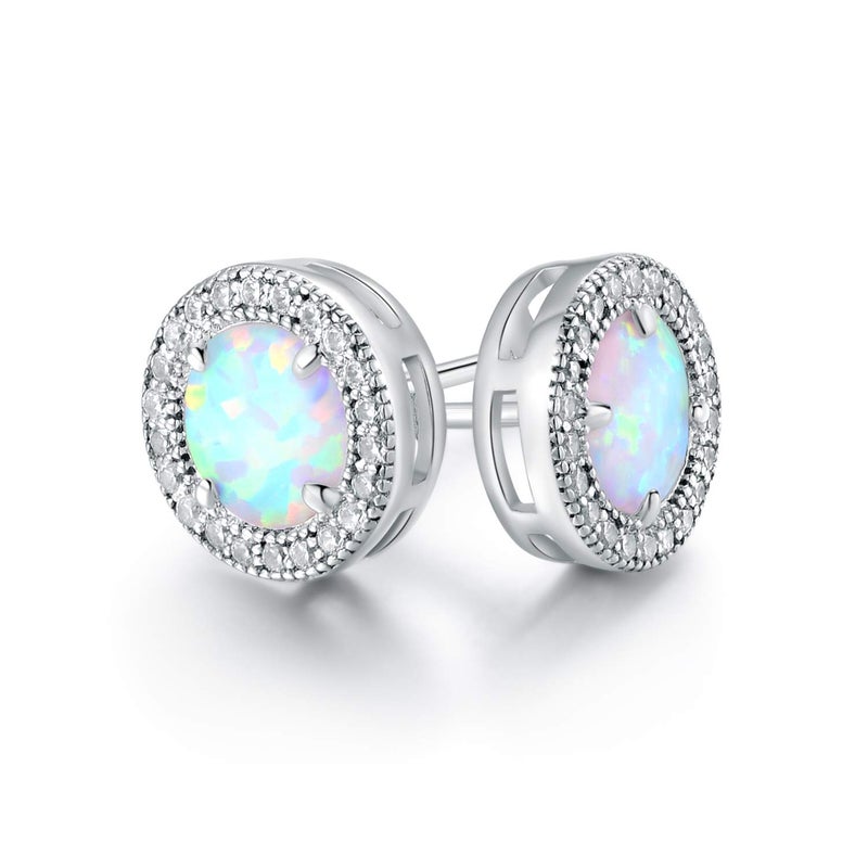 Barzel Created Opal Earrings for Women | Barzel 18K White Gold Plated Created Opal Stud Earrings Halo Cut (White Gold) - Image 1