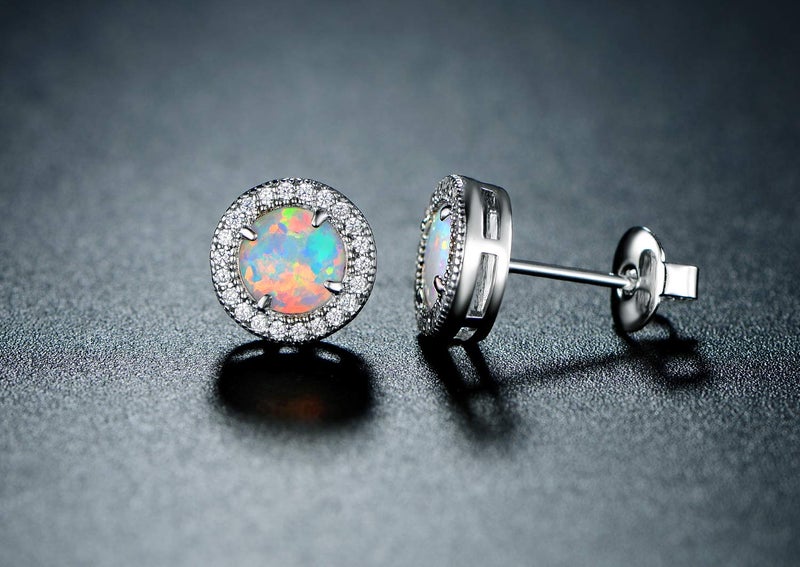 Barzel Created Opal Earrings for Women | Barzel 18K White Gold Plated Created Opal Stud Earrings Halo Cut (White Gold) - Image 2