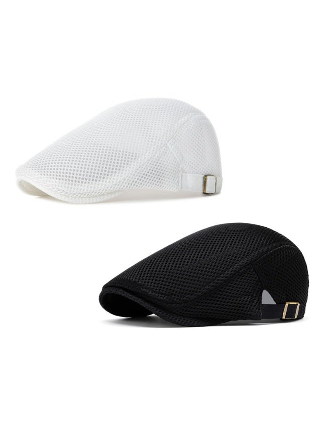 Mesh Newsboy Beret Cap Set, 2-Pack, Black & White, 100% Polyester, Breathable & Adjustable - Image 1
