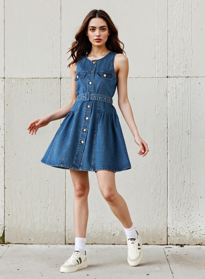 تواكستريمز فستان دنيم قصير بدون أكمام بياقة وأزرار - Image 2