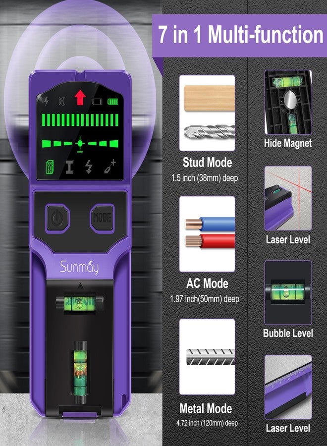 SUNMAY Stud Finder Wall Scanner - 7 in 1 Stud Detector Center Finder for Wood Metal AC Wire Joist Pipe Detection, Electronic Stud Sensor with Laser Level, LCD Display, Bubble Level & Ruler - Image 3