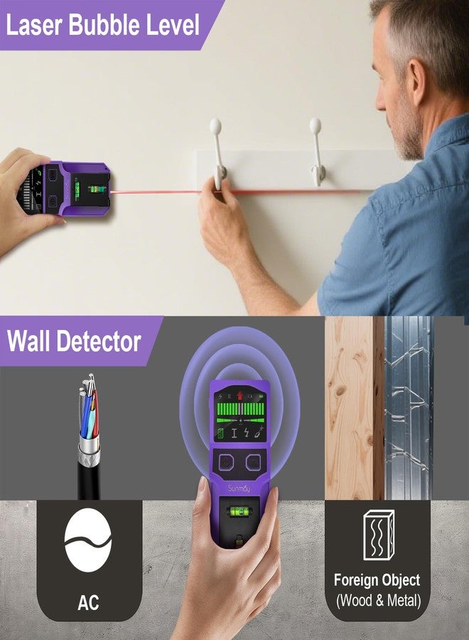 SUNMAY Stud Finder Wall Scanner - 7 in 1 Stud Detector Center Finder for Wood Metal AC Wire Joist Pipe Detection, Electronic Stud Sensor with Laser Level, LCD Display, Bubble Level & Ruler - Image 5