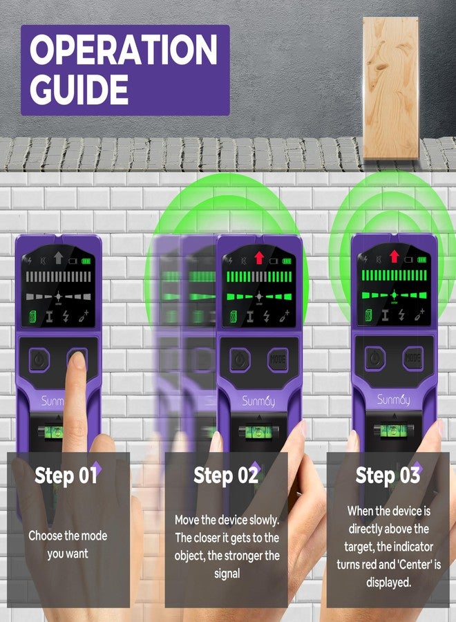 SUNMAY Stud Finder Wall Scanner - 7 in 1 Stud Detector Center Finder for Wood Metal AC Wire Joist Pipe Detection, Electronic Stud Sensor with Laser Level, LCD Display, Bubble Level & Ruler - Image 4