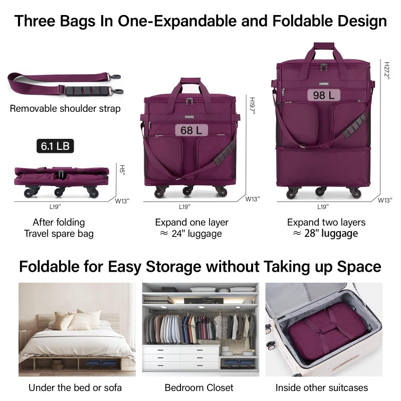 Hanke Expandable Large Suitcase 4 Wheels Lightweight Collapsible,Foldable Suitcases &Travel Bags Hand Luggage Extend 20/24/28 inch Suitcases Duffel Bag Without Telescopic Handle for Men & Women - Image 2
