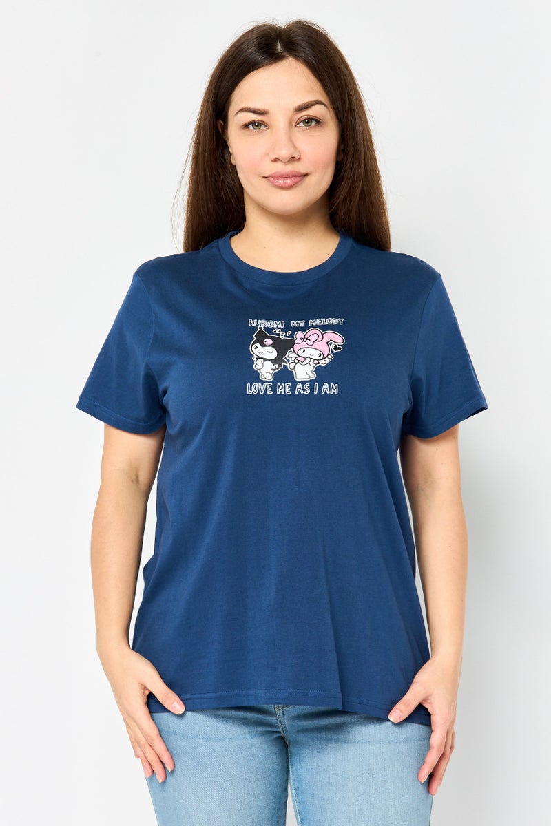 Hello Kitty Women Crew Neck Short Sleeve Graphic Print T-Shirt, Blue - Image 1