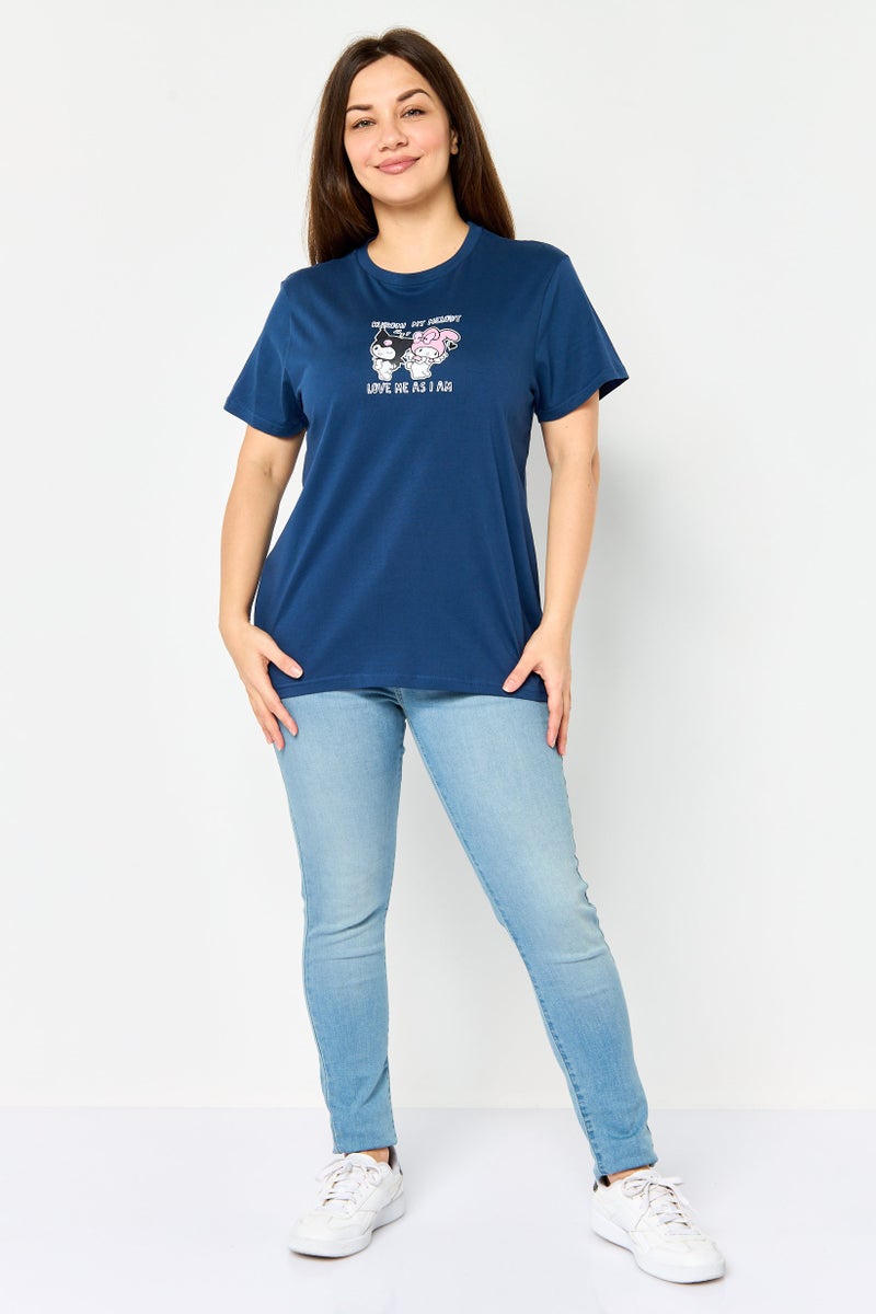 Hello Kitty Women Crew Neck Short Sleeve Graphic Print T-Shirt, Blue - Image 2