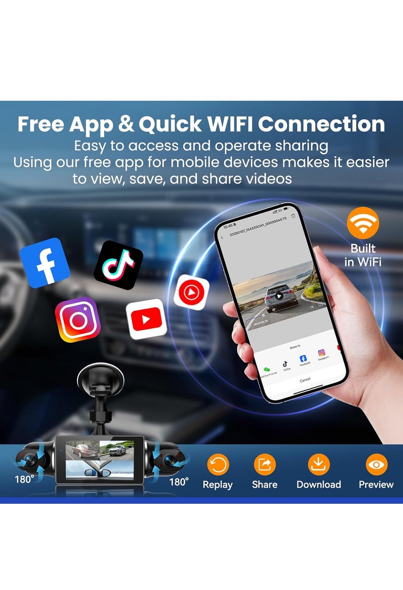 ET-LIFE 4 Channel Dash Cam - 1080P Front and Back View Dash Camera for Car, Built-in G-Sensor, IR Night Vision, 24H Parking Mode, 64GB TF Card, Loop Recording, APP Control - Image 3