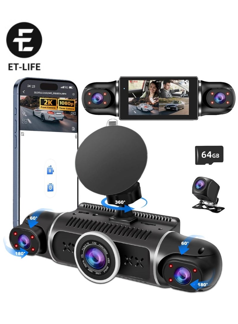 ET-LIFE 4 Channel Dash Cam - 2K+1080Px3 Front and Rear View Dash Camera for Car, Built-in G-Sensor, IR Night Vision, 24H Parking Mode, 64GB TF Card, Loop Recording, APP Control - Image 1