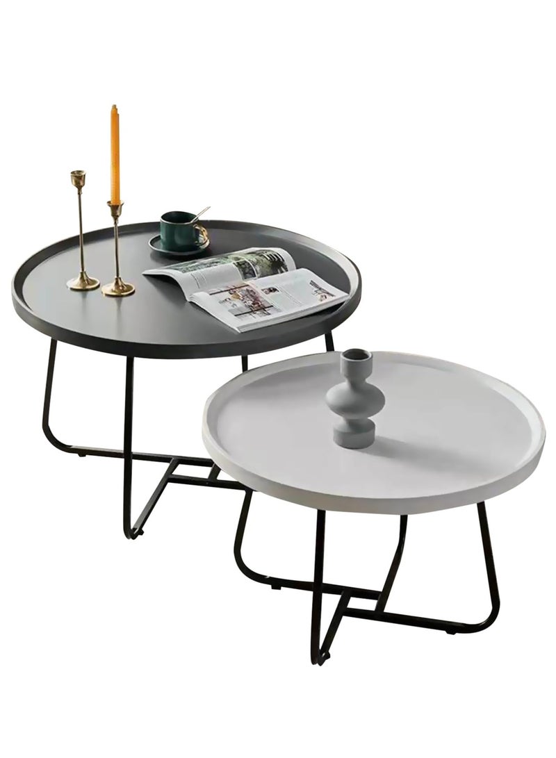 XiuWoo Coffee Table Set of 2, Wood Round End Table Side Tables, Nesting Table Modern Side Table,Medium Density Fiberboard and Metal Frame,Sturdy and Easy Assemblyfor Living Room Bedroom Office Balcony Yard,Black+White 50CM+70CM  - Image 1