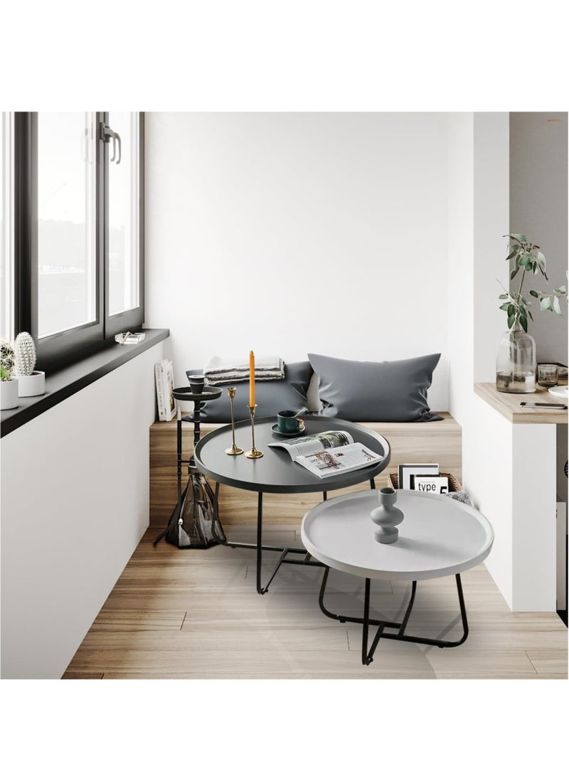 XiuWoo Coffee Table Set of 2, Wood Round End Table Side Tables, Nesting Table Modern Side Table,Medium Density Fiberboard and Metal Frame,Sturdy and Easy Assemblyfor Living Room Bedroom Office Balcony Yard,Black+White 50CM+70CM  - Image 5
