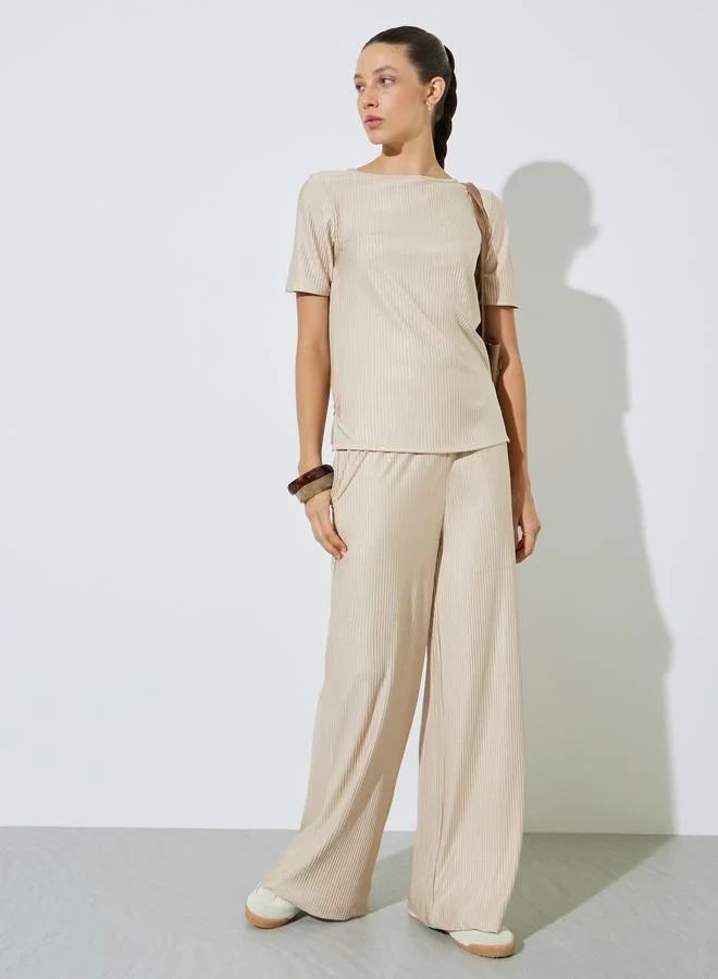 ستايلي Beige Short Sleeve Plisse Top