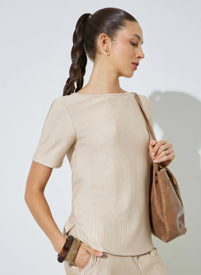 ستايلي Beige Short Sleeve Plisse Top