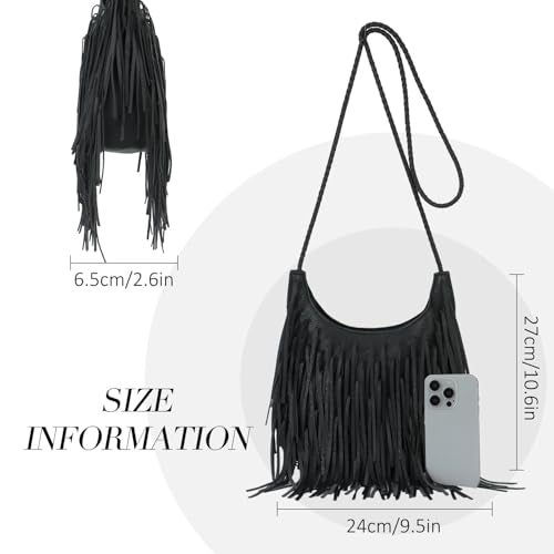 Fecialy Vintage Fringe Hobo Bags for Women Vegan Leather Tassel Crossbody Bag Western Hippie Shoulder Bag - Image 2
