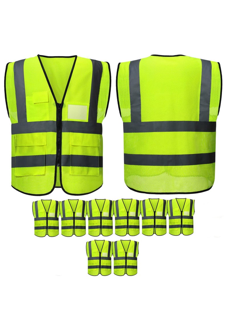 Y&D High Visibility Safety Vests,10 Pack with Pockets and Zipper Reflective Mesh Construction Vest for Men Women, Breathable Neon Working Traffic Work Outdoor Running Cycling Walking at Night  - Image 1