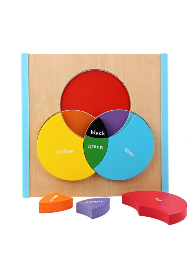 Beauenty Wooden Children's Hand-held Board Round Jigsaw Puzzle Three Original Color Learning Board English Color Cognitive Educational Toys-Color:Three Original Color Learning Board  - Image 1