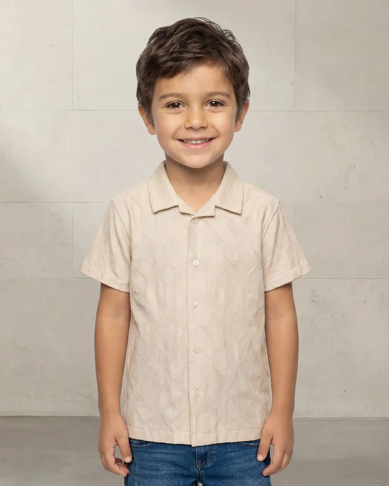 Redtag Boys Beige Jacquard Resort Collar Shirt