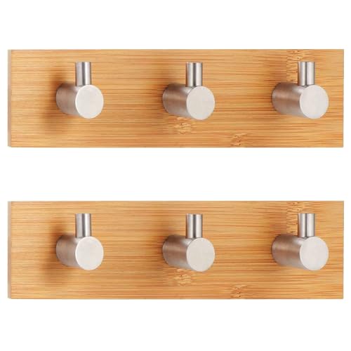 HEXONIQ® Self Adhesive Wood Hooks for Robe Bath Towel, Wooden Adhesive Coat Key Hooks Heavy Duty Wall Door Hooks, Sticky Hooks for Hanging (Triple, Pack of 2) - Image 1