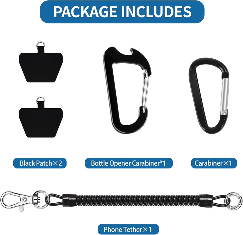 Doormoon Phone Lanyard Tether with Patch*2, Carabiner*1, Bottle Opener Carabiner*1, Stretchy iPhone Lanyard Anti Theft Phone Strap for Anti-Drop Outdoor Compatible for iPhone Most Smartphones, Black - Image 4
