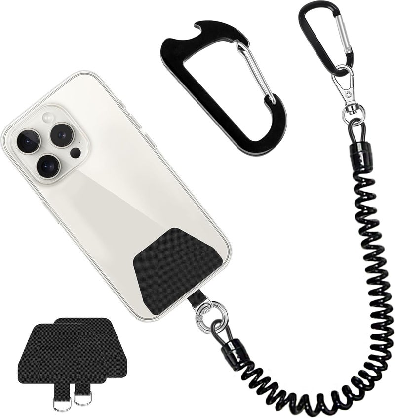 Doormoon Phone Lanyard Tether with Patch*2, Carabiner*1, Bottle Opener Carabiner*1, Stretchy iPhone Lanyard Anti Theft Phone Strap for Anti-Drop Outdoor Compatible for iPhone Most Smartphones, Black - Image 1