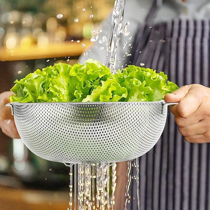 DOZERA Fruit Vegetable Rice Washing Strainer Baskets Colander Drainer with Handle Stainless Steel Micro Hole Drain Basket for Pasta Rice Fruit Grain Noodles Veggie Washing Drain Basket Round - Image 2