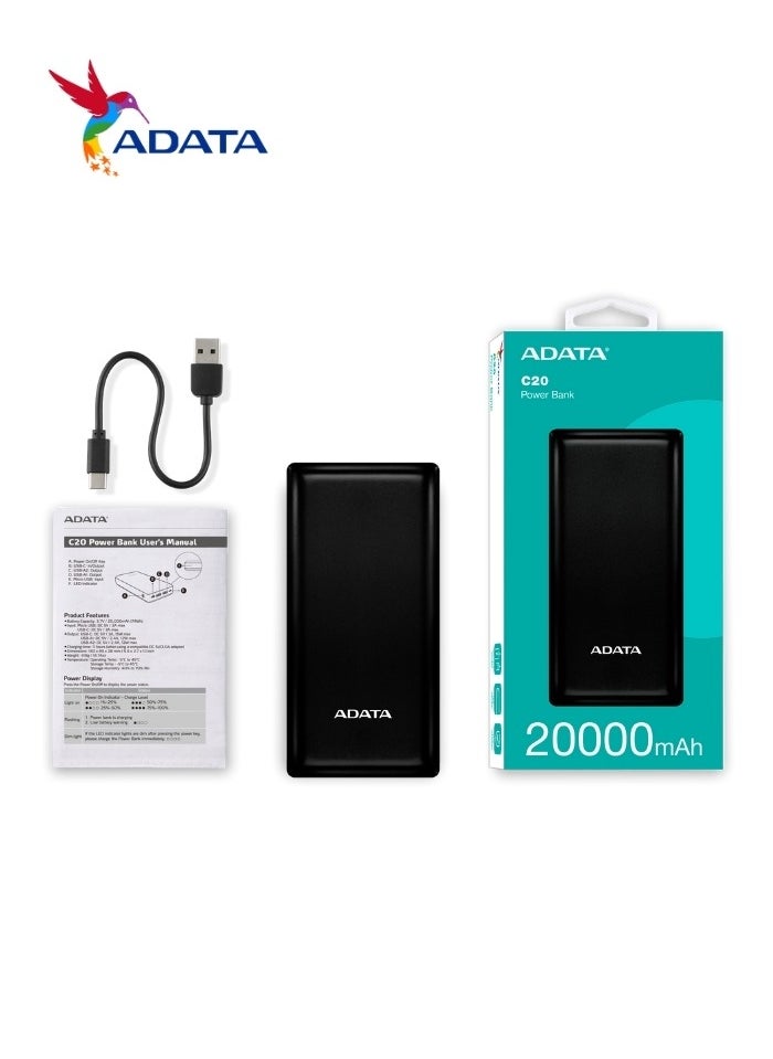 ADATA - Power Bank C20 | 20,000 mAh | USB Type-C and Type-A | Multi-Circuit Protection | Compatible with iPhone, Samsung, iPad, and More | Black - Image 1