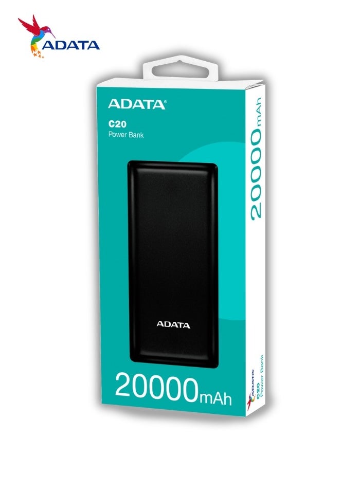 ADATA - Power Bank C20 | 20,000 mAh | USB Type-C and Type-A | Multi-Circuit Protection | Compatible with iPhone, Samsung, iPad, and More | Black - Image 1