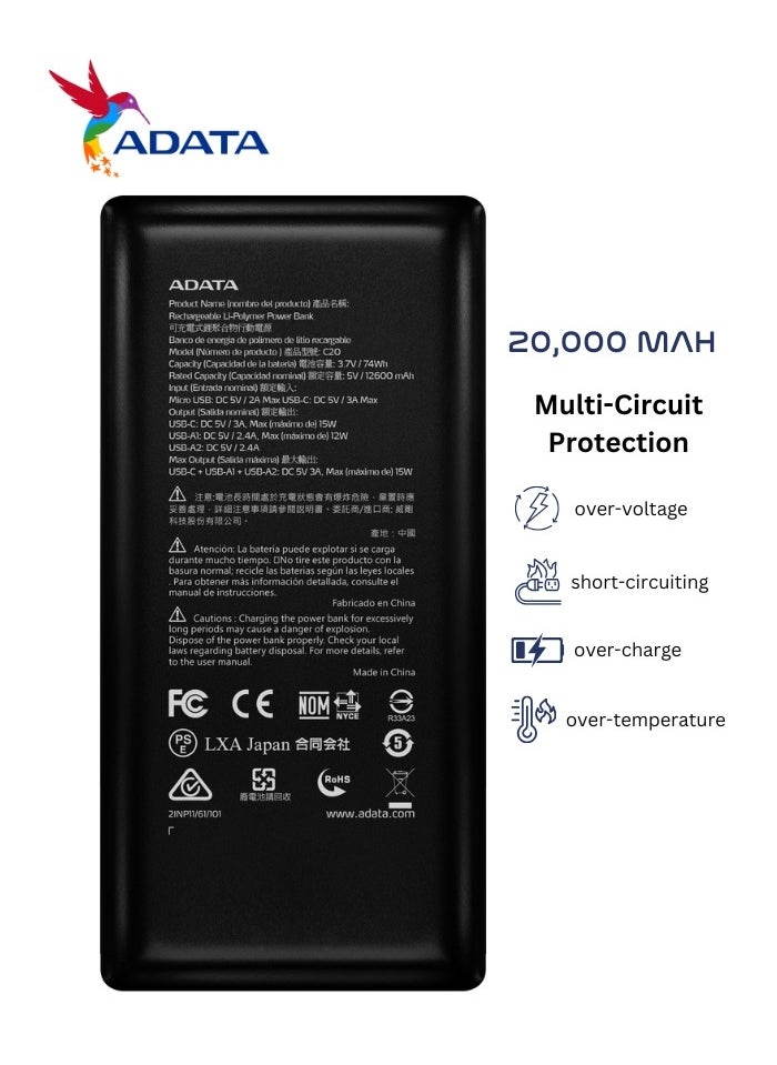 ADATA - Power Bank C20 | 20,000 mAh | USB Type-C and Type-A | Multi-Circuit Protection | Compatible with iPhone, Samsung, iPad, and More | Black - Image 1
