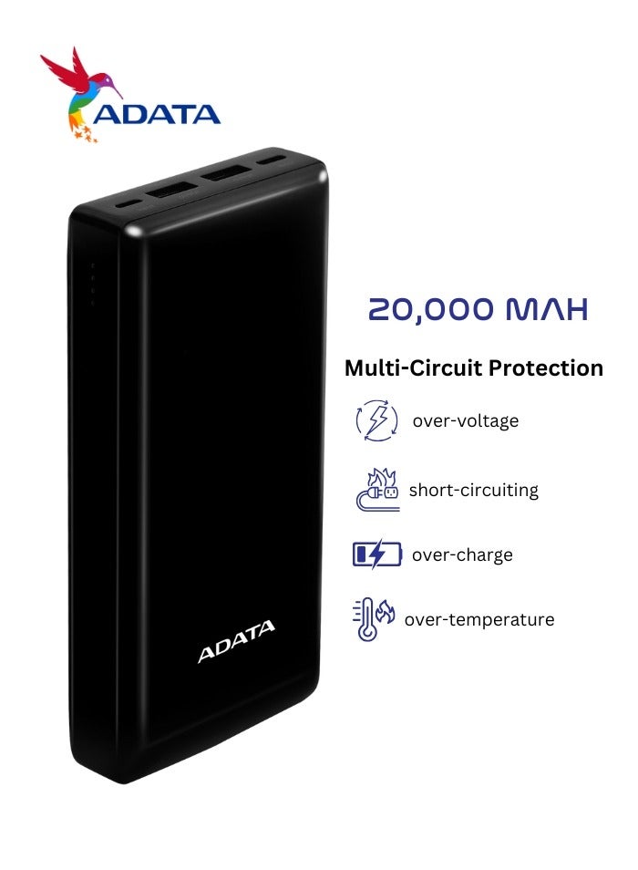 Power Bank C20 | 20,000 mAh | USB Type-C and Type-A | Multi-Circuit Protection | Compatible with iPhone, Samsung, iPad, and More | Black